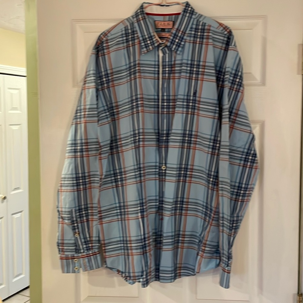 Men's Thomas Pink blue, red, yellow striped button down shirt, size xl